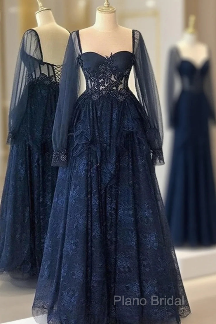 Navy Blue Tulle With Lace Long Sleeves Formal Prom Dresses, Navy Blue Party Dresses Main image