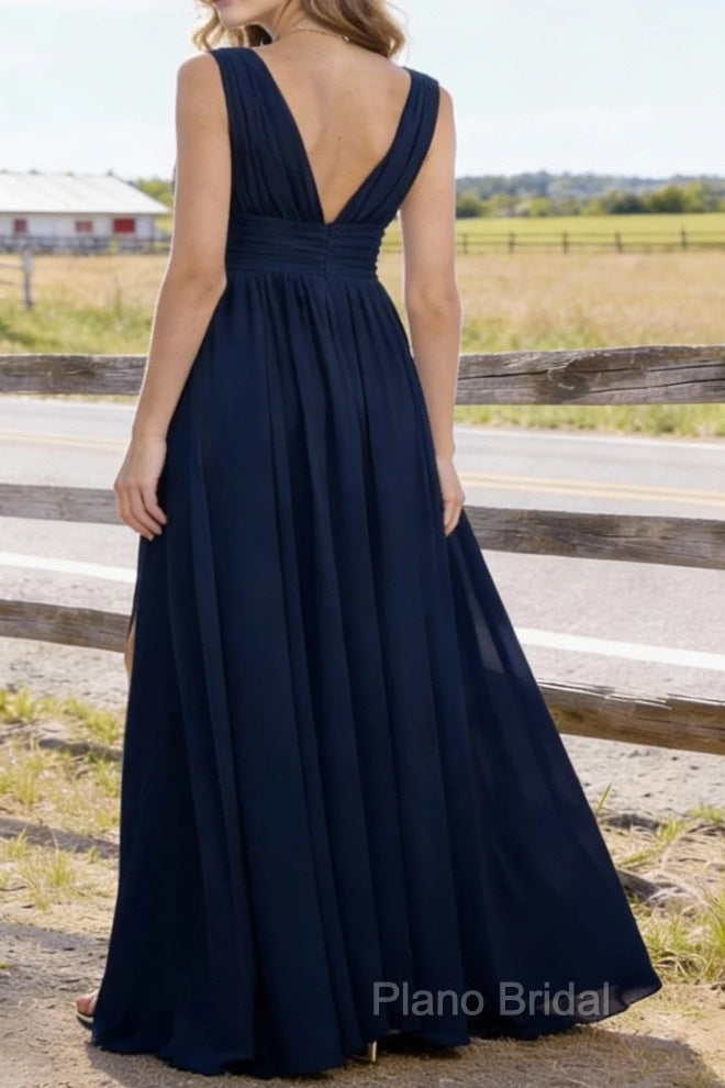 Navy Blue V Neck Chiffon Floor Length Bridesmaid Dresses Long Bridesmaid Dress With Pleated Split Secondary image