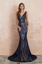 V-Neck Sequins Mermaid Sleeveless Lace-up Prom Dresses