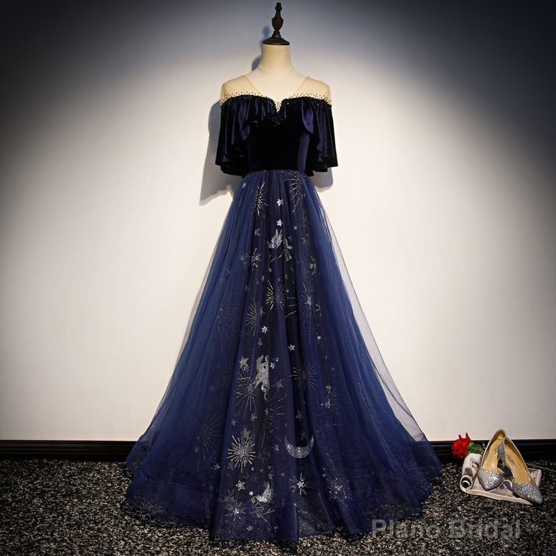 Navy Blue Velvet and Tulle Long Party Dress A-line Blue Evening Dress prom dresses shops