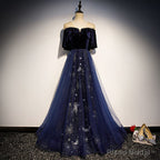 Navy Blue Velvet and Tulle Long Party Dress A-line Blue Evening Dress prom dresses shops