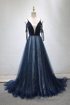 Navy Blue Velvet And Tulle Long Formal Prom Dresses Party Dresses, Navy Blue Formal Dresses