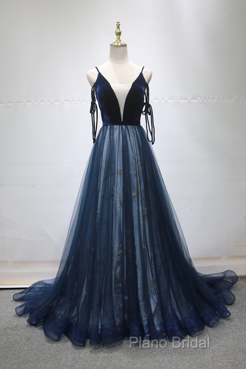 Navy Blue Velvet And Tulle Long Formal Prom Dresses Party Dresses, Navy Blue Formal Dresses