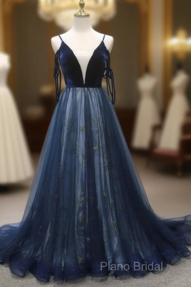 Navy Blue Velvet And Tulle Long Formal Prom Dresses Party Dresses, Navy Blue Formal Dresses Main image