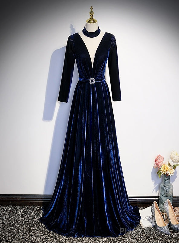 Navy Blue Velvet Long Sleeve Pleats Prom Dress Main image