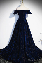 Navy Blue Velvet Off Shoulder Long Party Dress, Navy Blue Prom Dress Formal Dress