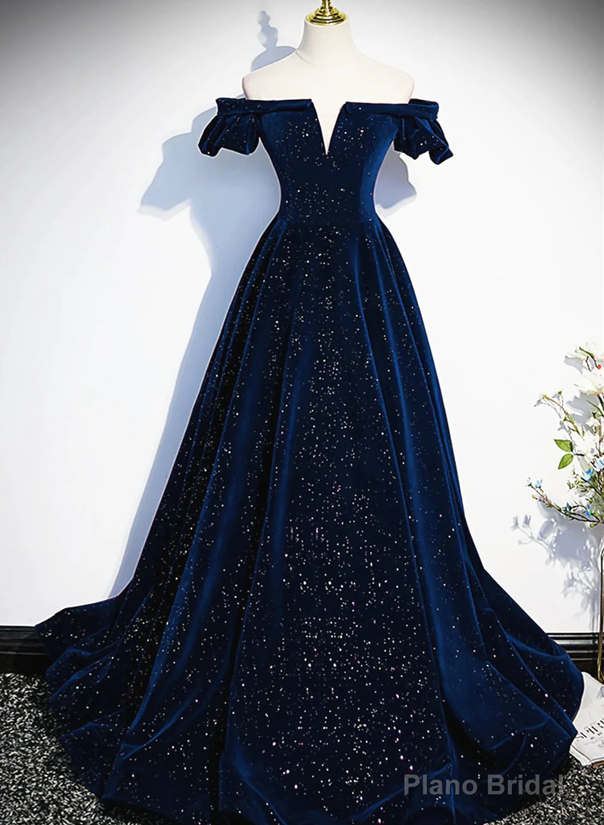 Navy Blue Velvet Off Shoulder Long Party Dress, Navy Blue Prom Dress Formal Dress