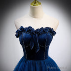 Navy Blue Velvet Top and Tulle Long Formal Dress, Blue Sweetheart Prom Dress