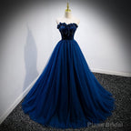 Navy Blue Velvet Top and Tulle Long Formal Dress, Blue Sweetheart Prom Dress