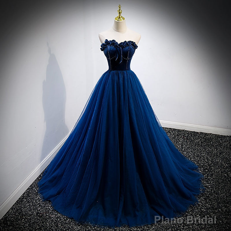 Navy Blue Velvet Top and Tulle Long Formal Dress, Blue Sweetheart Prom Dress