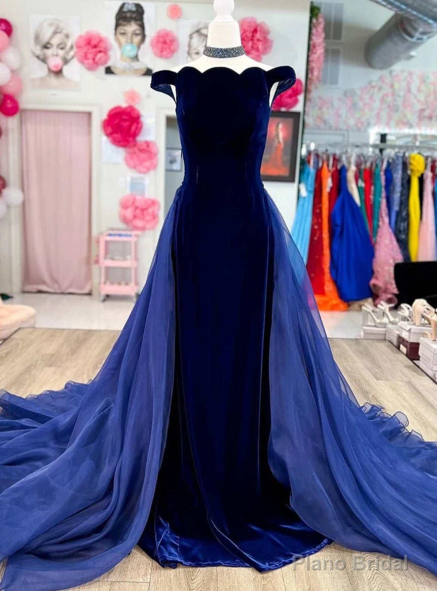Navy Blue Velvet Tulle Off the Shoulder Prom Dress Main image