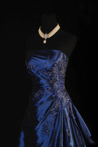 Navy Blue Vintage Elegant Fashion Ball Gown Off Shoulder Long Satin Formal Prom Dresses Formal Evening Dresses Party Dresses
