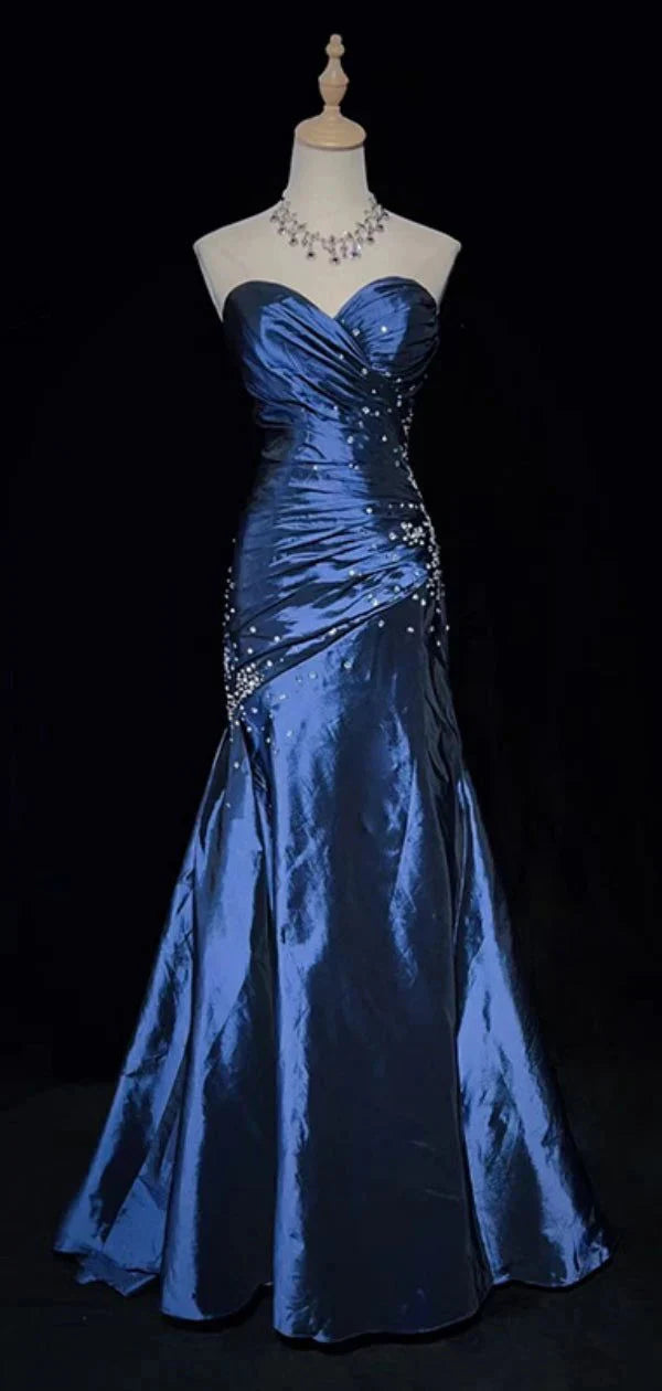 Blue Vintage Fashion Exquisite Beading Long Satin Floor Length Ball Gown Formal Evening Dresses Secondary image