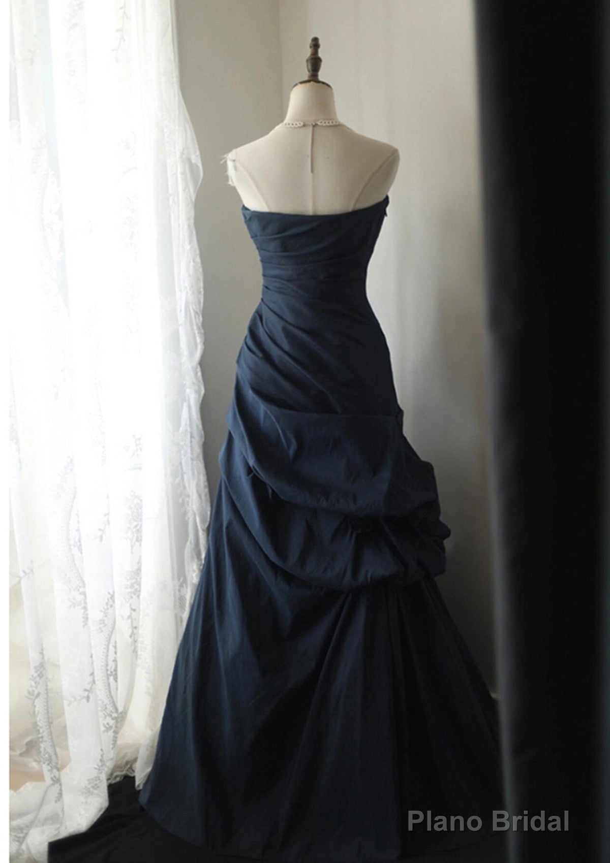 Navy Blue Vintage Style Taffeta Long Prom Dress, Navy Blue Party Dress