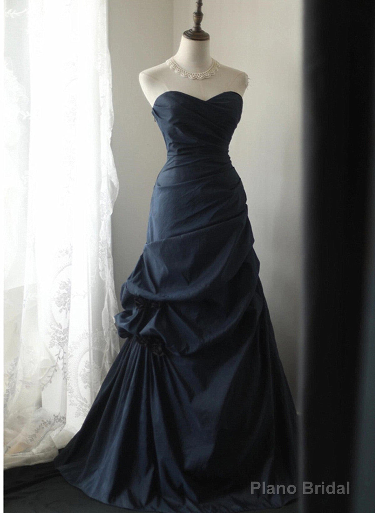 Navy Blue Vintage Style Taffeta Long Prom Dress, Navy Blue Party Dress Main image