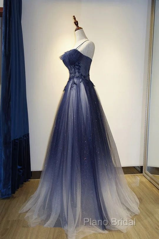 Navy Gradient A Line Tulle Long Formal Prom Dresses Secondary image