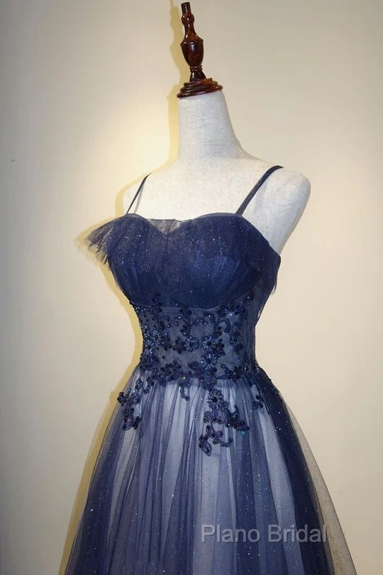 Navy Gradient A Line Tulle Long Formal Prom Dresses