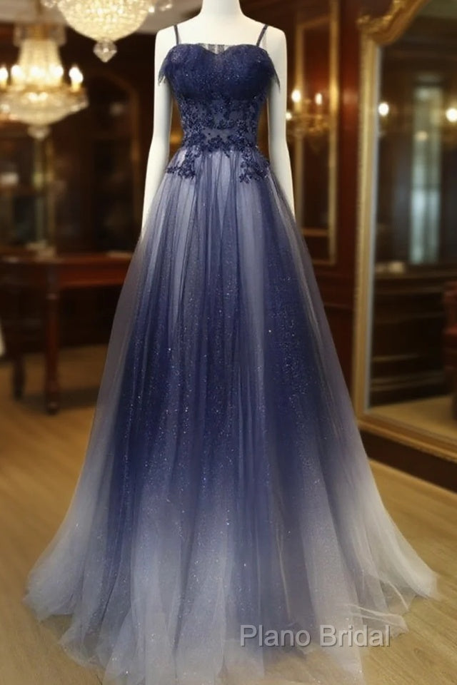 Navy Gradient A Line Tulle Long Formal Prom Dresses Main image
