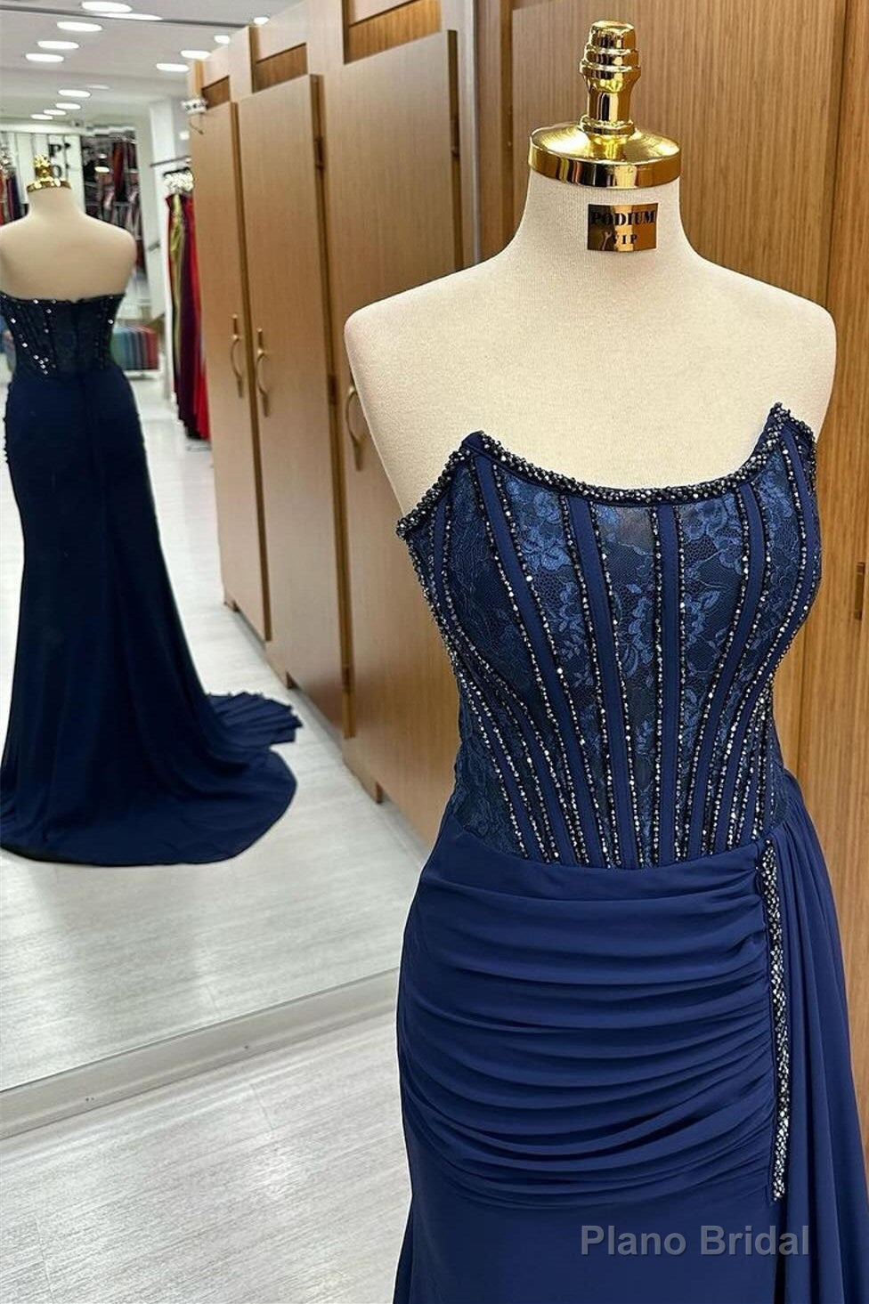 Navy Lace Beaded Strapless Long Formal Dress with Attached Train Secondary image