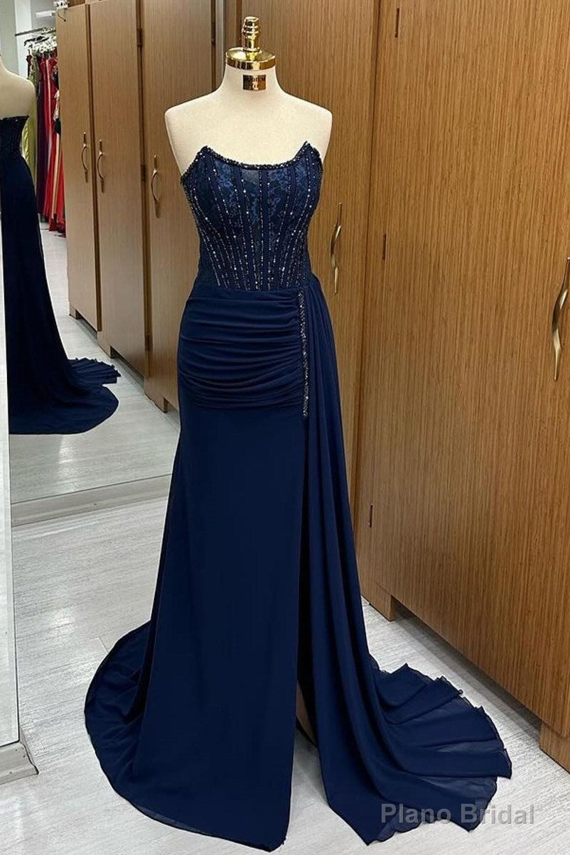 Navy Lace Beaded Strapless Long Formal Dress with Attached Train