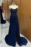 Navy Lace Beaded Strapless Long Formal Dress with Attached Train
