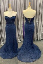 Mint Green Lace Strapless Mermaid  Long Formal Prom Dresses with Slit