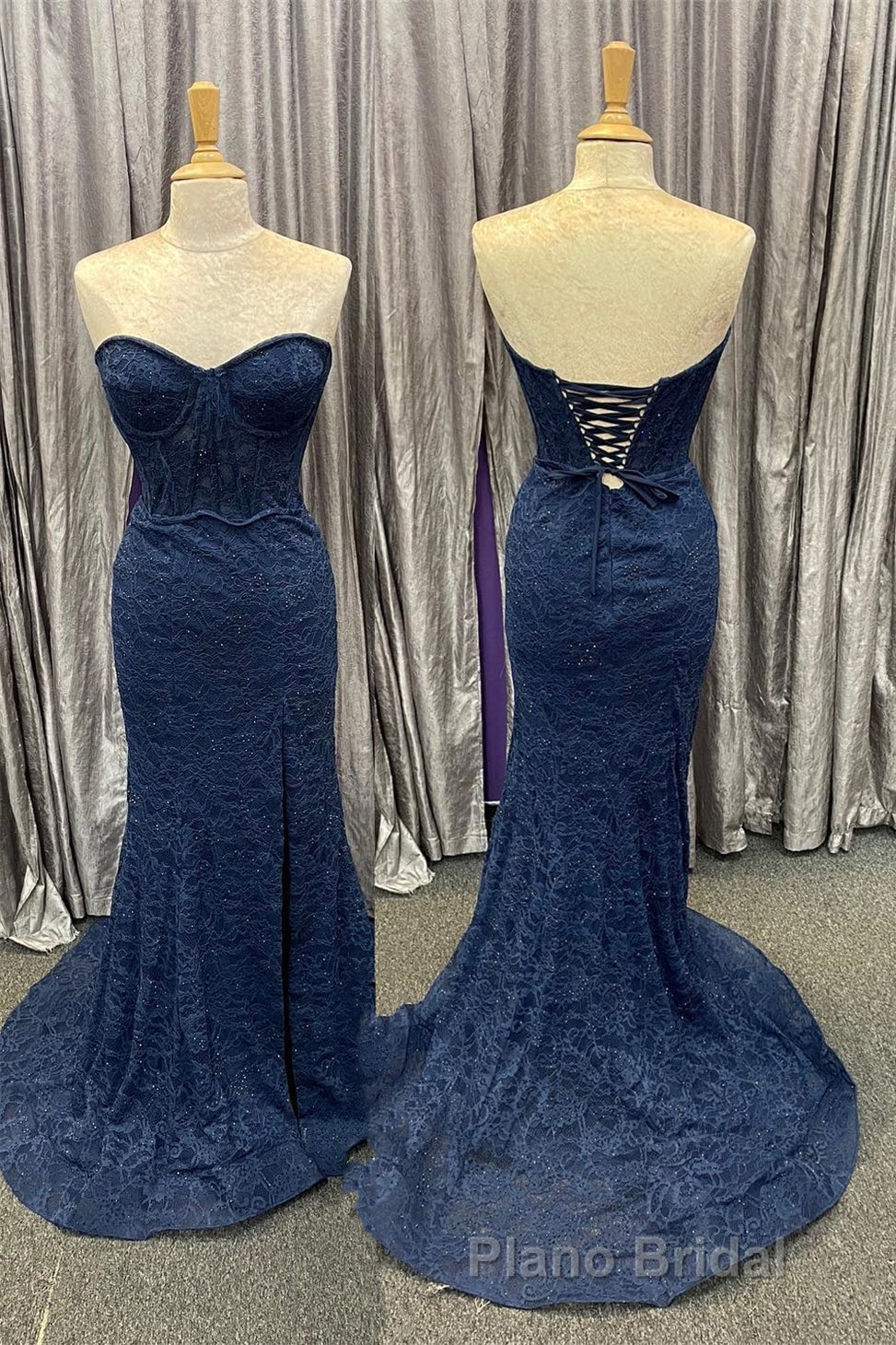 Mint Green Lace Strapless Mermaid  Long Formal Prom Dresses with Slit