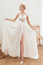 Neck Lace Top White Wedding Dresses with Slit