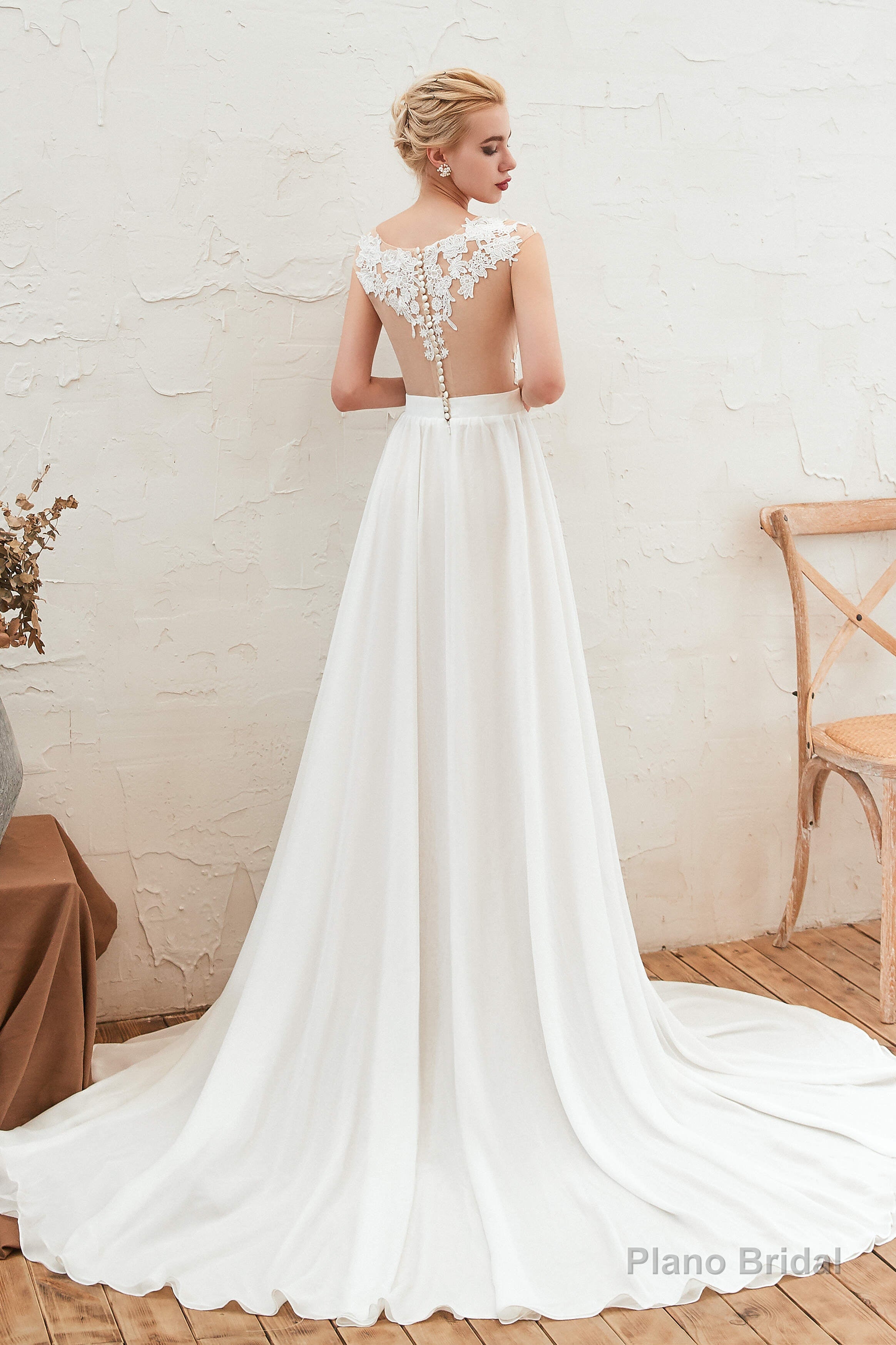 Neck Lace Top White Wedding Dresses with Slit
