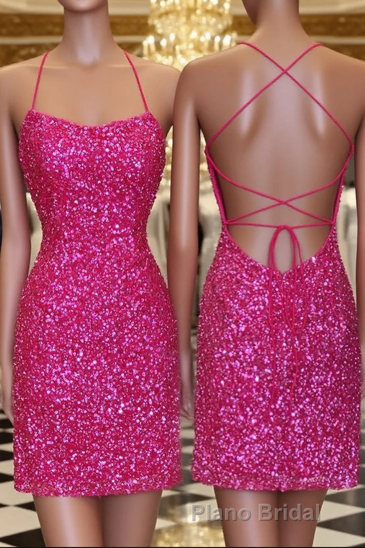 Neon Pink Sequin Bodycon Mini Homecoming Dresses