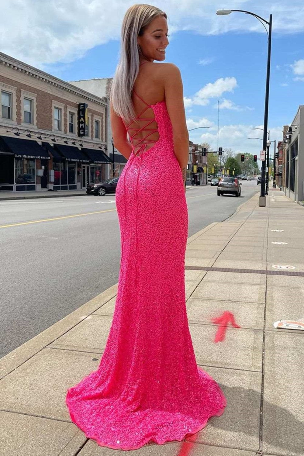 Neon Pink Sequin Mermaid Long Formal Dresses Secondary image