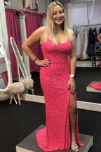 Neon Pink Sequin Mermaid Long Formal Dresses