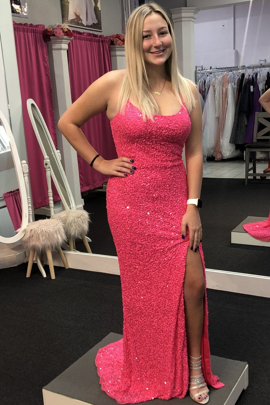 Neon Pink Sequin Mermaid Long Formal Dresses