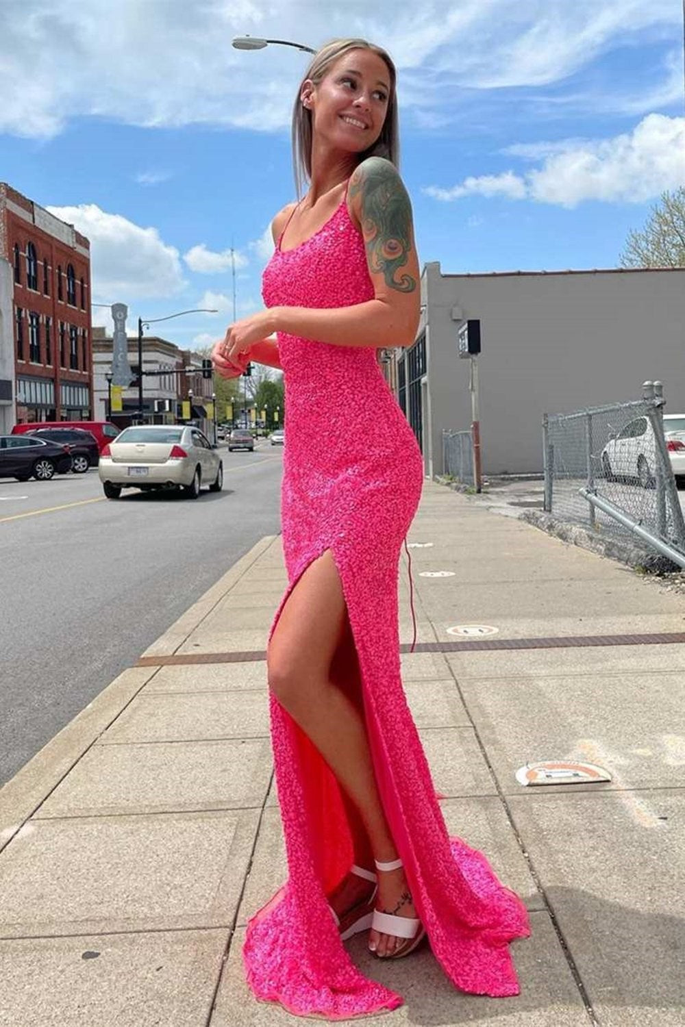Neon Pink Sequin Mermaid Long Formal Dresses Main image