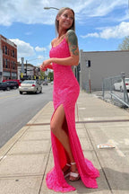 Neon Pink Sequin Mermaid Long Formal Dresses