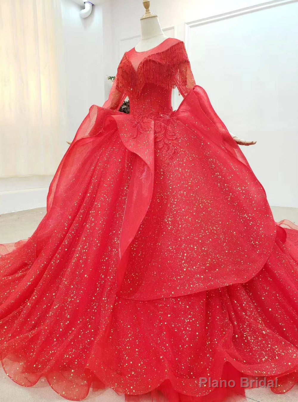 Never Miss Out On Red Ball Gown Tulle Sequins Long Sleeve Beading Appliques Wedding Dress Main image