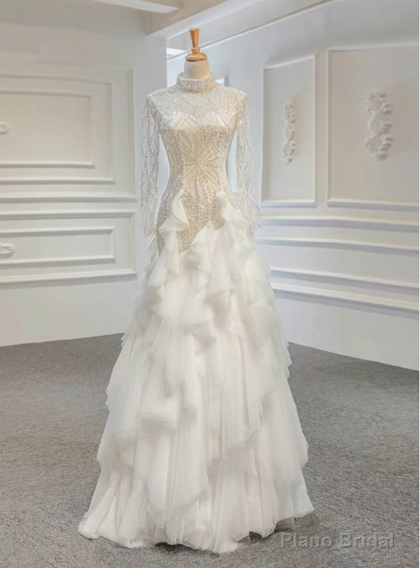 Never Miss Out On White Sheath Tulle High Neck Long Sleeve Beading Wedding Dress Main image