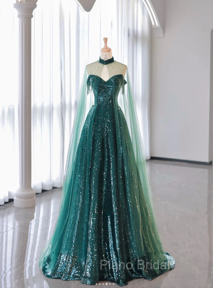 New A-Line Dark Green Formal Prom Dresses, Off-The-Shoulder Formal Prom Dresses With Cape, Sweeping Tail Formal Prom Dresses Secondary image