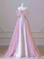 New Arrival A line Off The Shoulder Short Sleeves Pleated Sequin Pink Floor Length Prom Dresses