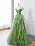New Arrival A-Line Tulle Lace Green Long Formal Prom Dresses, Green Lace Long Formal Dresses
