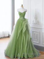 New Arrival A-Line Tulle Lace Green Long Formal Prom Dresses, Green Lace Long Formal Dresses