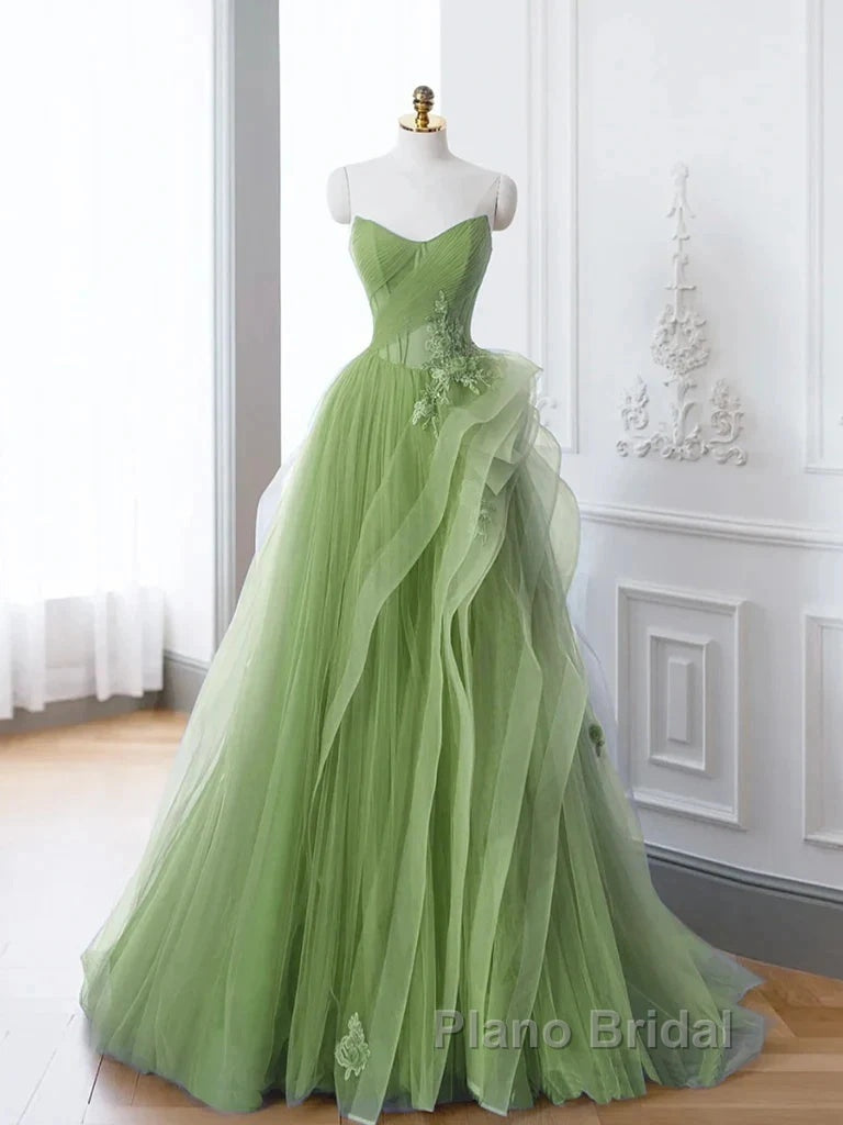 New Arrival A-Line Tulle Lace Green Long Formal Prom Dresses, Green Lace Long Formal Dresses