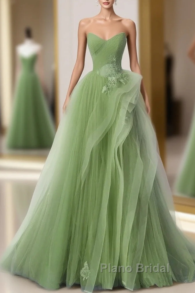 New Arrival A-Line Tulle Lace Green Long Formal Prom Dresses, Green Lace Long Formal Dresses Main image