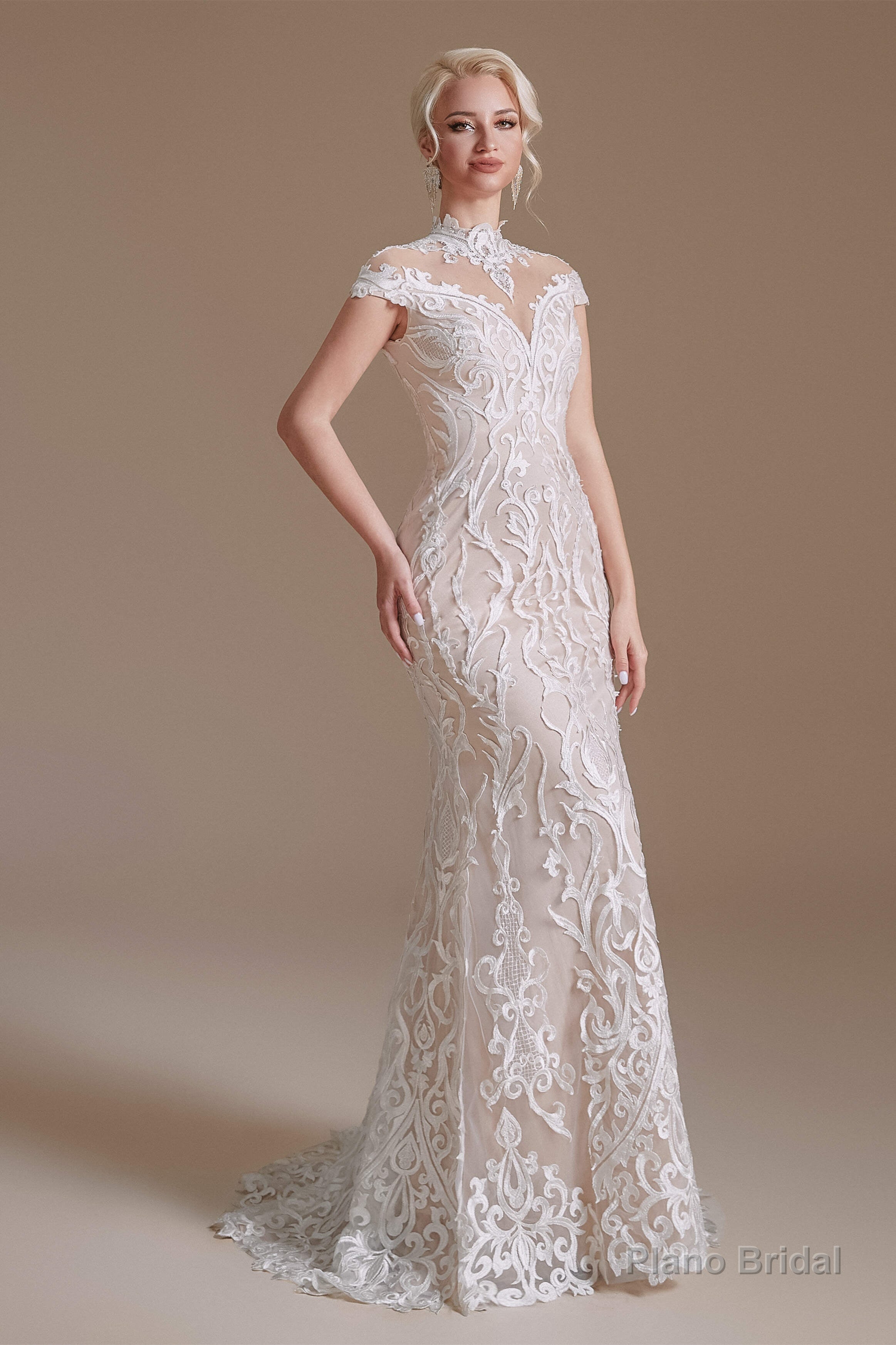 Lace Beading around Neck Wedding Dresses