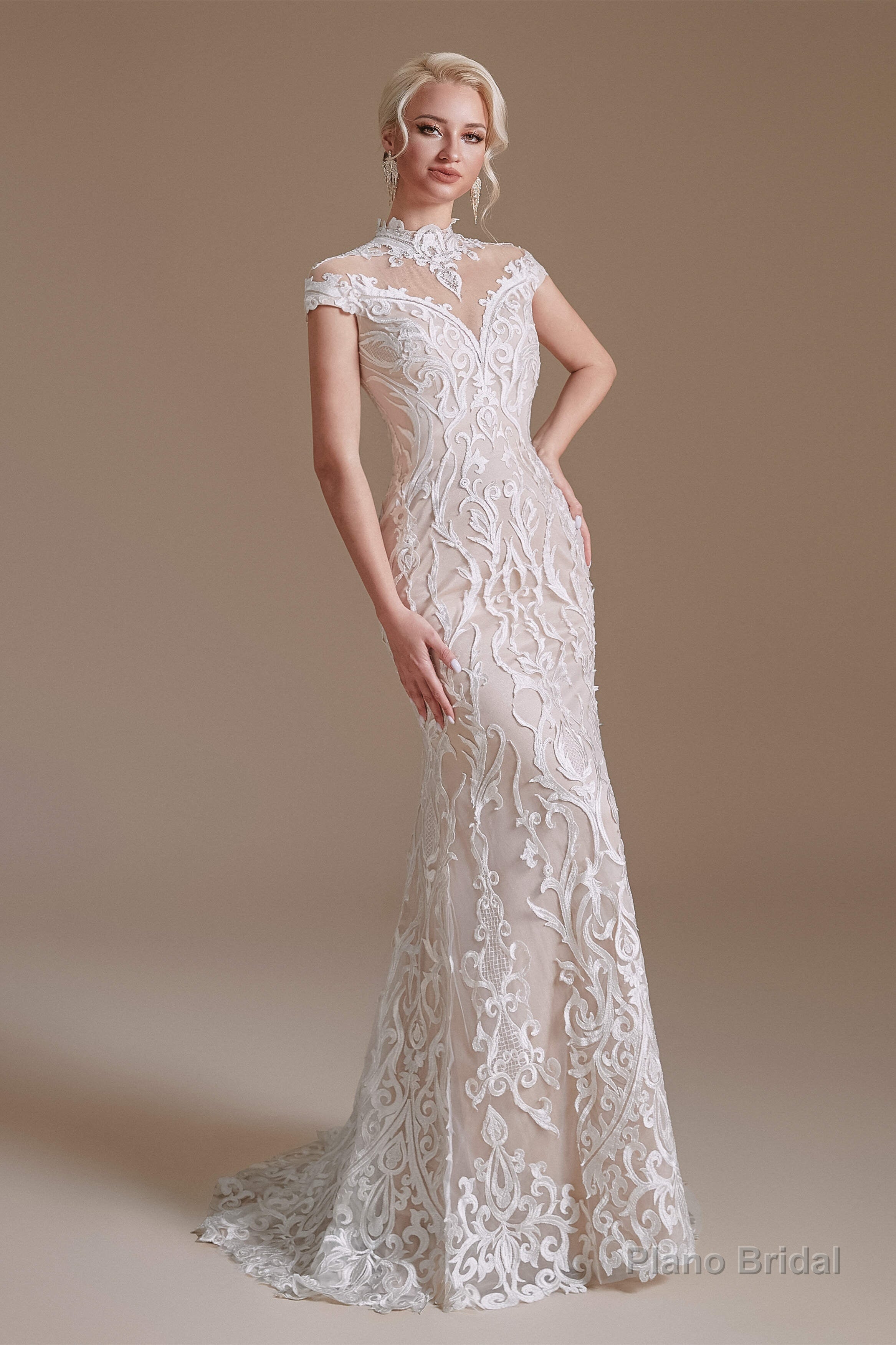 Lace Beading around Neck Wedding Dresses