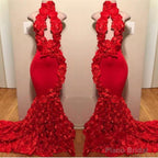 New Arrival Red Keyhole Mermaid Flowers Halter Sleeveless Long Prom Dresses