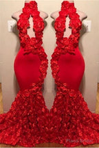New Arrival Red Keyhole Mermaid Flowers Halter Sleeveless Long Prom Dresses