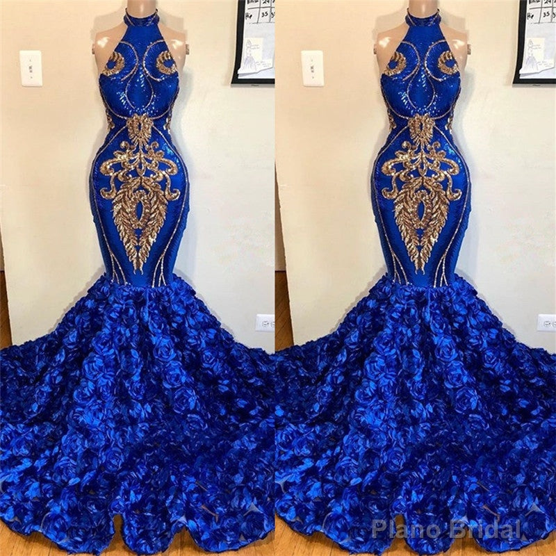 New Arrival Royal Blue Halter Mermaid Prom Dresses Gorgeous Sleeveless Flowers Long Evening Gowns Secondary image