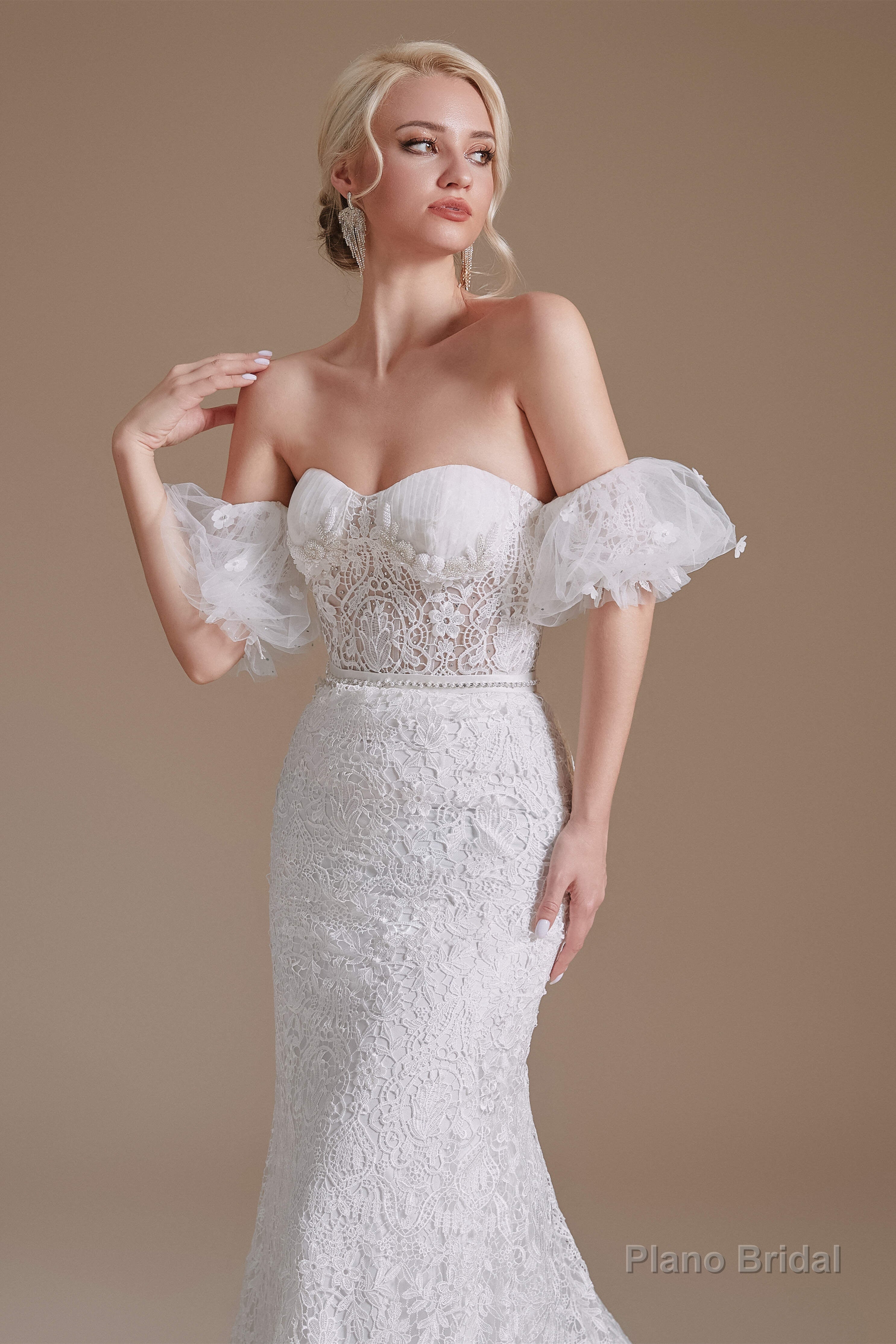 Sweetheart Puff Sleeve Off the Shoulder Lace Long Wedding Dresses Main image