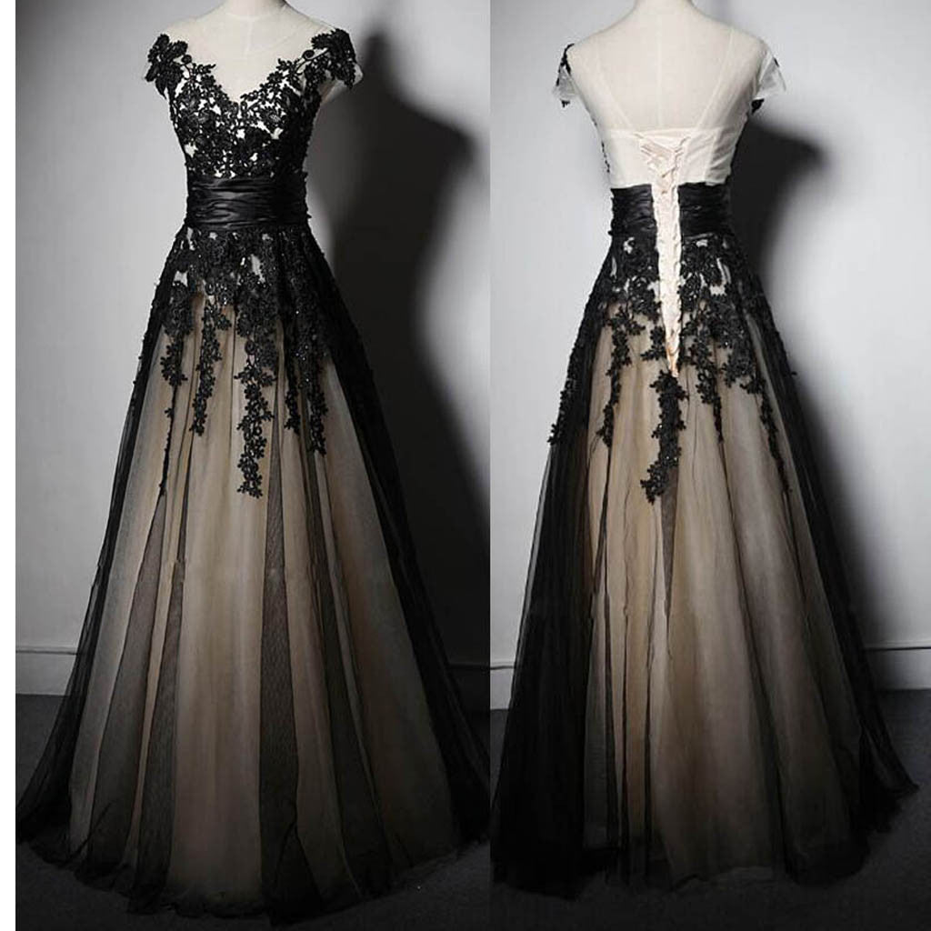New Fashion Cap Sleeve With Black Lace Elegant Formal Prom Formal Prom Dresses